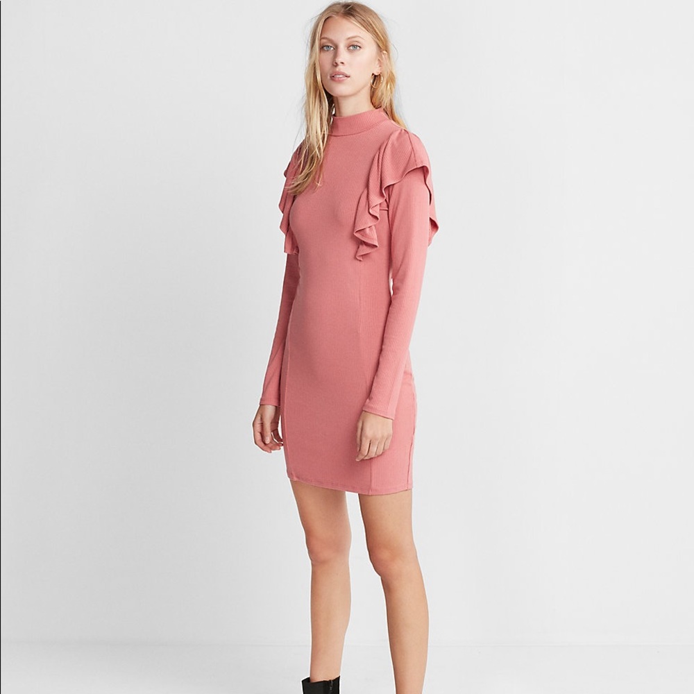 Express Ruffle Front Ribbed Sheath Dress